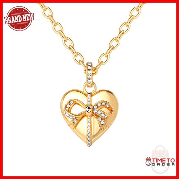 Jewelry - Gold-Tone Heart Pendant Necklace with Crystal Bow, 18"+3" Adjustable